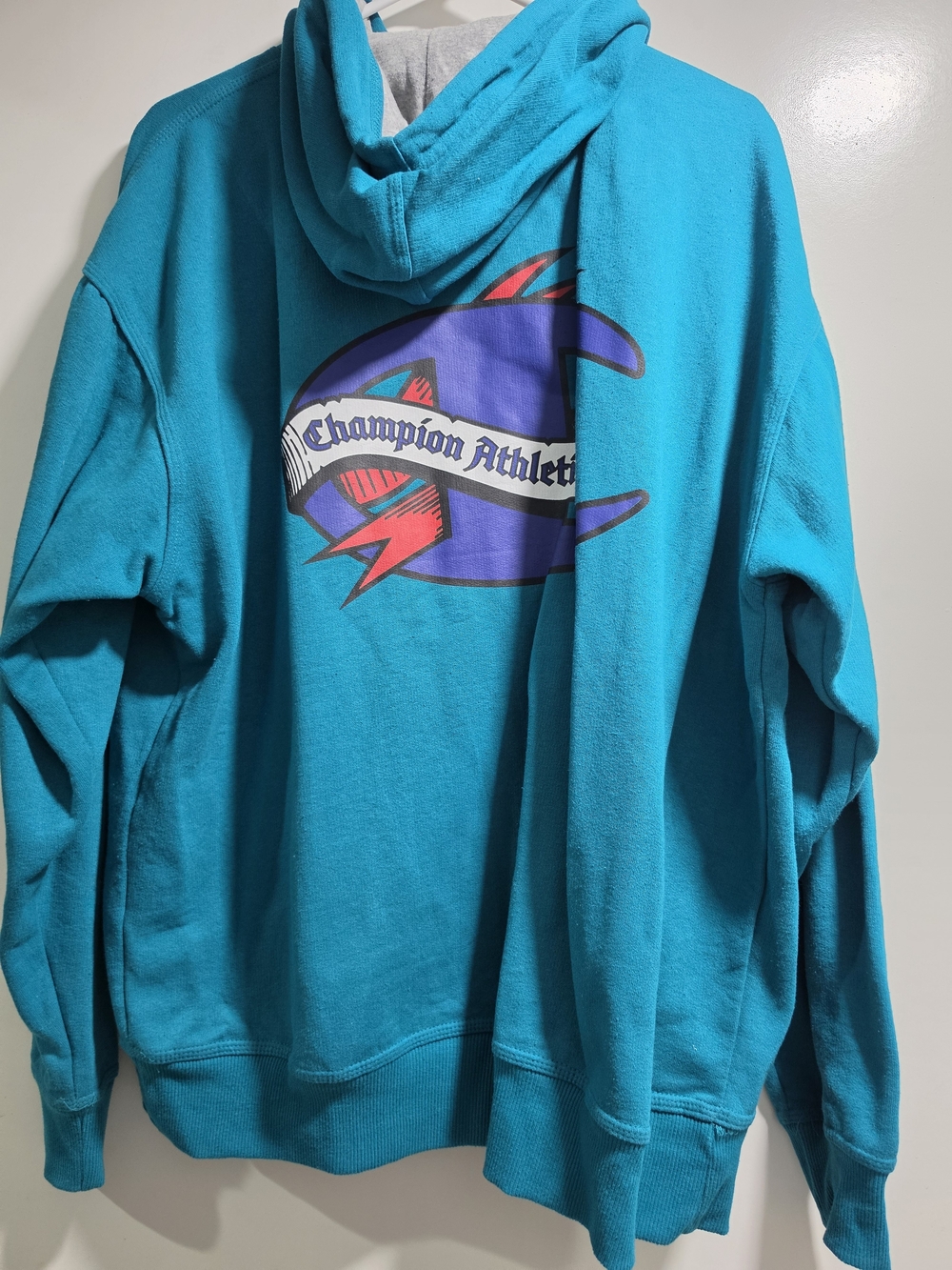 Champion Teal Hoodie with Purple & Red Graphic
